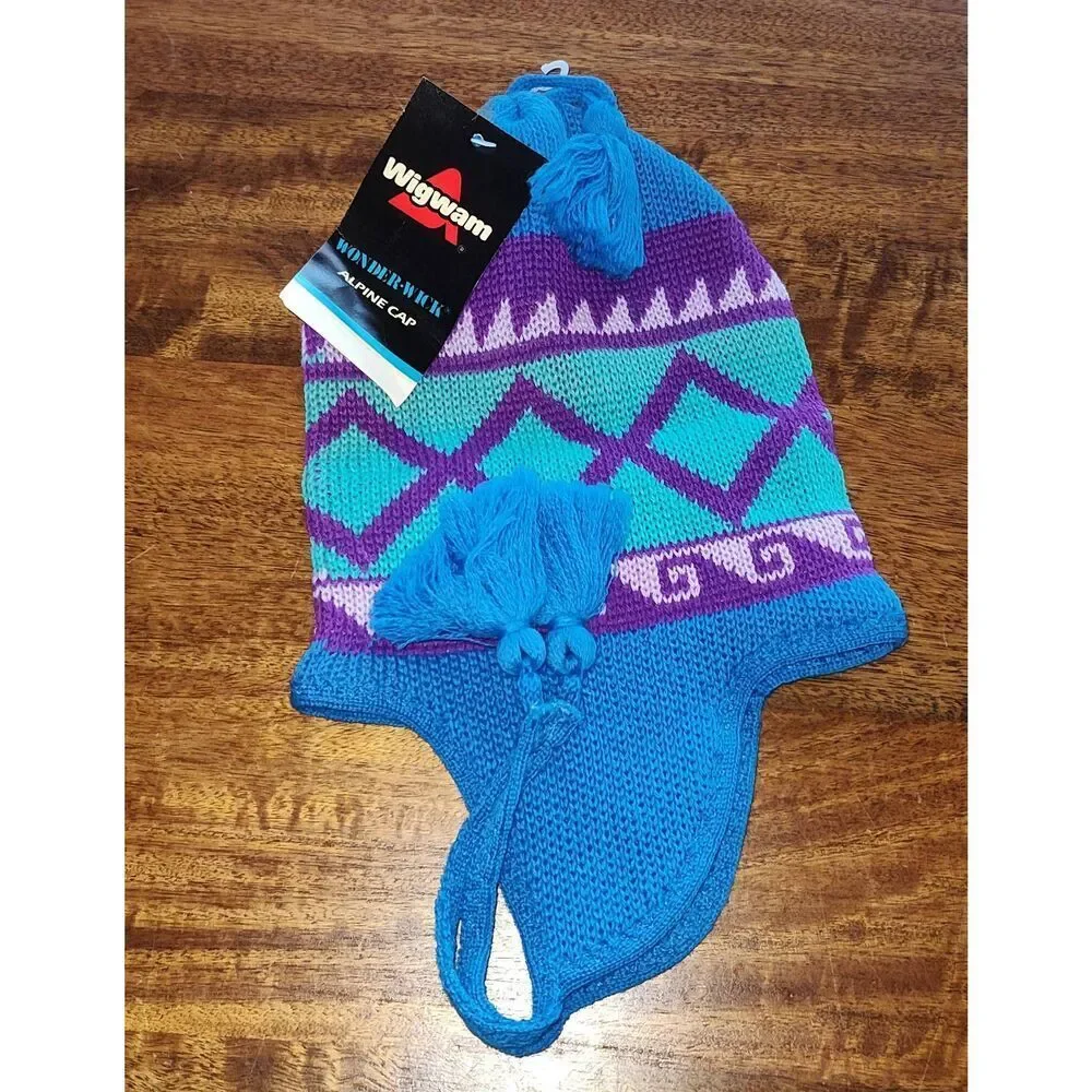 Wigwam Hat Cap Alpine Womens Purple blue Wonder Wick Wool Beanie Made USA Winter